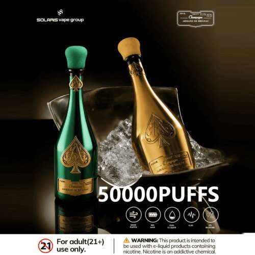 Two elegant bottles of Armand de Brignac champagne, one green and one gold, placed on ice with text highlighting "50000 PUFFS