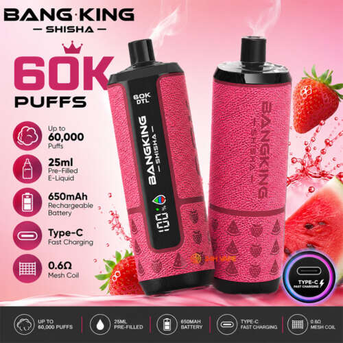 Two pink shisha vape devices are displayed, featuring labels indicating "60K Puffs," "25ml E-Liquid," and "650mAh Battery." Strawberry and watermelon visuals enhance the vibrant design