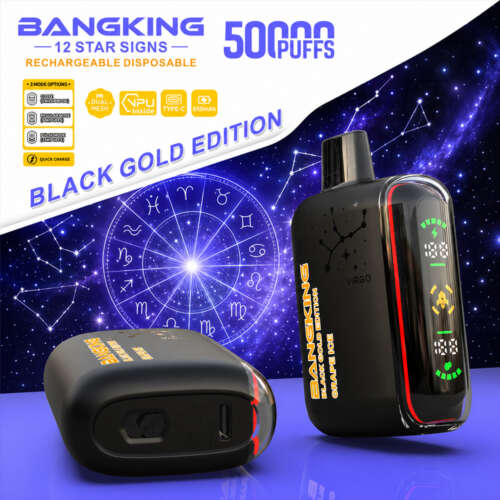 Experience the Bang King 12 Star Signs 50K Disposable Vape, featuring up to 50,000 puffs, Dual Mesh Coil technology, a smart LED display, and Type-C charging for long-lasting flavor, smooth vapor, and premium performance.