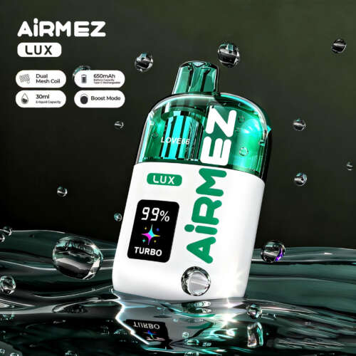 A sleek white vape device with turquoise accents, displaying a 99% charge and 'Turbo' mode, surrounded by water droplets