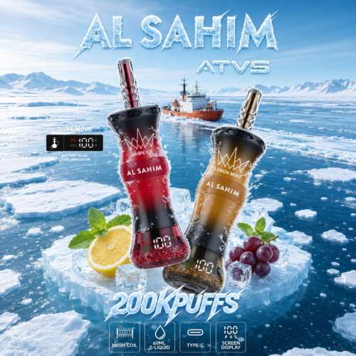 Two colorful vape devices labeled "AL SAHIM," featuring flavors "Grape Ice" and "Lemon Mint," sit on ice in a wintry scene