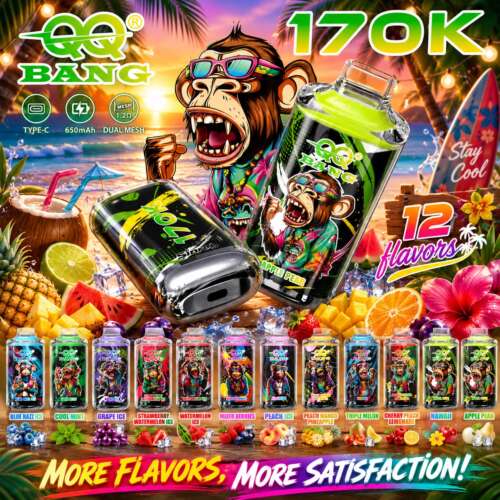Colorful display of vape devices with a cartoon monkey character, tropical fruit, and text highlighting flavors and features