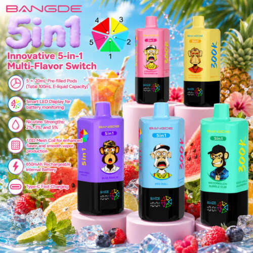 Five colorful e-liquid pods arranged on platforms, each labeled with different flavors like Blue Ranch and Strawberry Watermelon, against a vibrant background