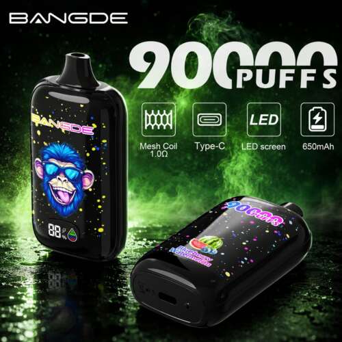A black vape device with a colorful monkey design, displaying "90000 PUFFS," features a LED screen and details about its specifications