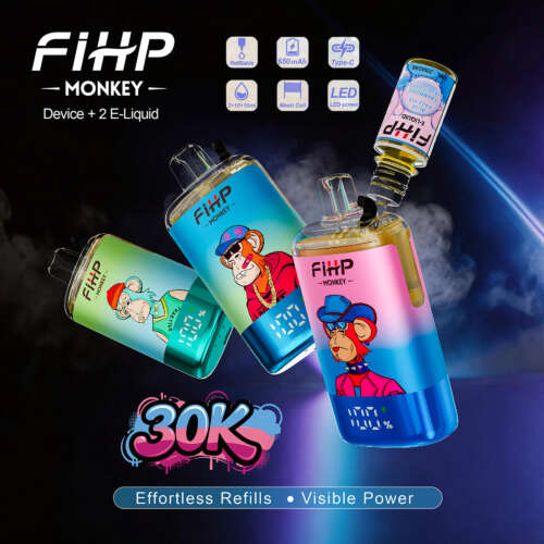 Three colorful vape devices labeled "FIHP MONKEY" with cartoon monkey designs, showcasing features like refilling and LED screens