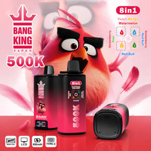 The Bang King 500K: 8-in-1 Flavors Vape Rechargeable LCD Display Disposable E-Cigarette is designed for users seeking a high-capacity, versatile, and innovative vaping experience with multiple flavor options in one premium device. Featuring an advanced 8-in-1 Multi-Flavor System, LCD display, 4 × 1.0Ω Mesh Coil technology, 650mAh rechargeable battery, and Type-C fast charging, this rechargeable disposable vape delivers rich flavor, smooth airflow, and consistent vapor production throughout its lifespan.