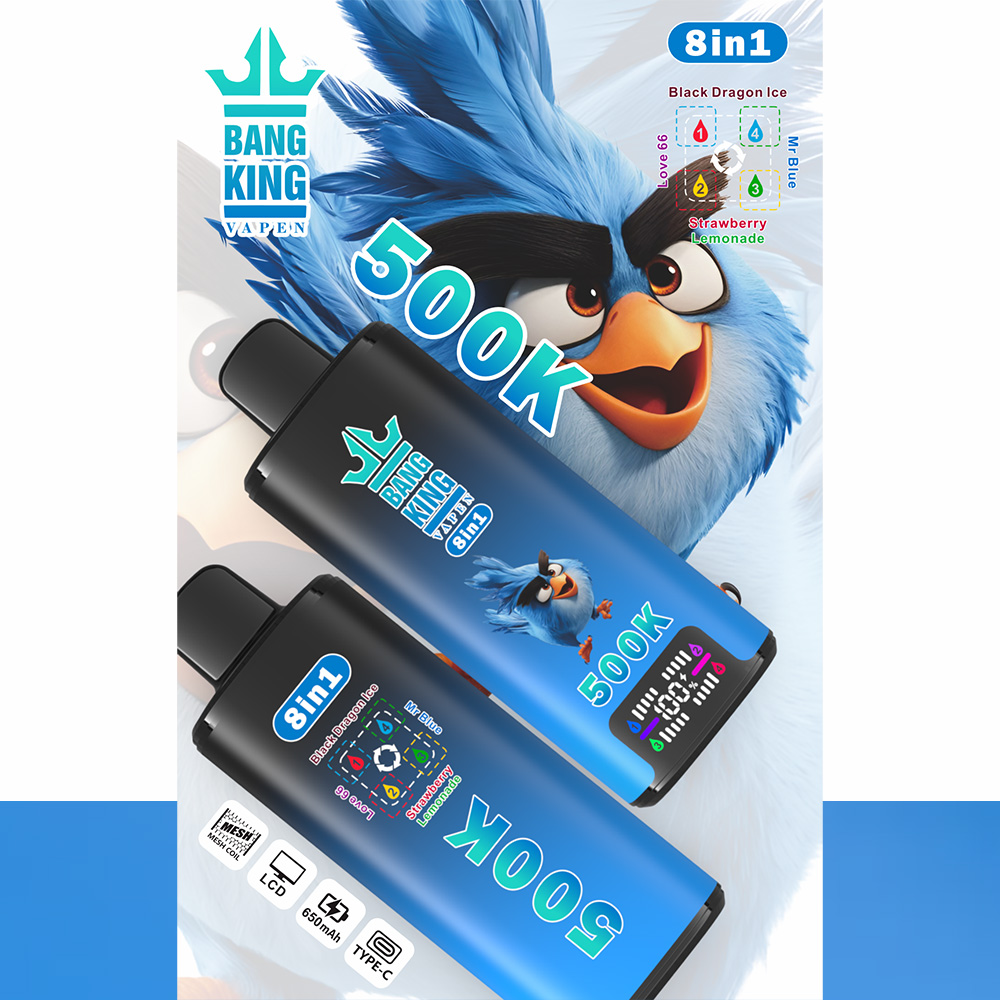 The Bang King 500K: 8-in-1 Flavors Vape Rechargeable LCD Display Disposable E-Cigarette is designed for users seeking a high-capacity, versatile, and innovative vaping experience with multiple flavor options in one premium device. Featuring an advanced 8-in-1 Multi-Flavor System, LCD display, 4 × 1.0Ω Mesh Coil technology, 650mAh rechargeable battery, and Type-C fast charging, this rechargeable disposable vape delivers rich flavor, smooth airflow, and consistent vapor production throughout its lifespan.