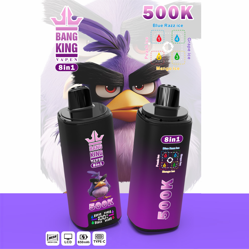 The Bang King 500K: 8-in-1 Flavors Vape Rechargeable LCD Display Disposable E-Cigarette is designed for users seeking a high-capacity, versatile, and innovative vaping experience with multiple flavor options in one premium device. Featuring an advanced 8-in-1 Multi-Flavor System, LCD display, 4 × 1.0Ω Mesh Coil technology, 650mAh rechargeable battery, and Type-C fast charging, this rechargeable disposable vape delivers rich flavor, smooth airflow, and consistent vapor production throughout its lifespan.