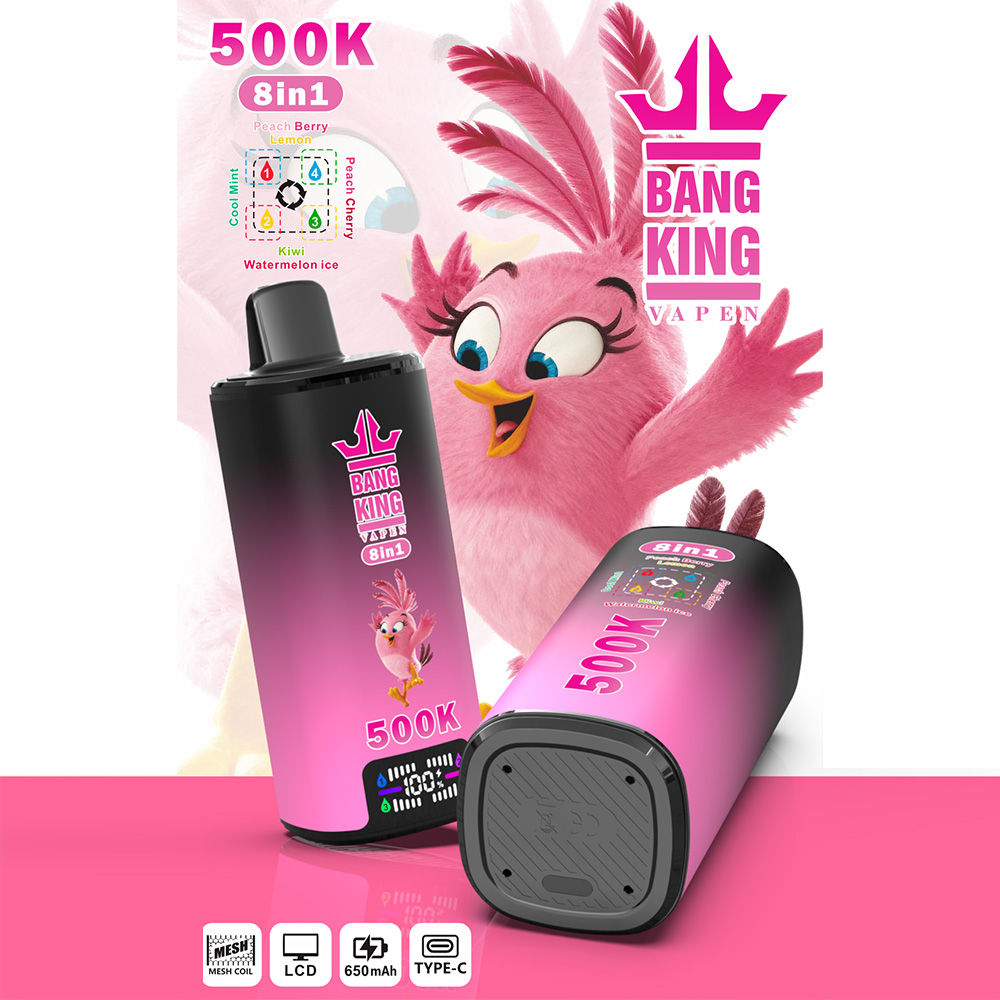 The Bang King 500K: 8-in-1 Flavors Vape Rechargeable LCD Display Disposable E-Cigarette is designed for users seeking a high-capacity, versatile, and innovative vaping experience with multiple flavor options in one premium device. Featuring an advanced 8-in-1 Multi-Flavor System, LCD display, 4 × 1.0Ω Mesh Coil technology, 650mAh rechargeable battery, and Type-C fast charging, this rechargeable disposable vape delivers rich flavor, smooth airflow, and consistent vapor production throughout its lifespan.