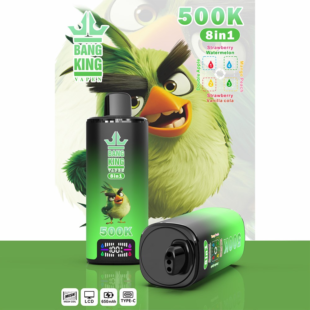 The Bang King 500K: 8-in-1 Flavors Vape Rechargeable LCD Display Disposable E-Cigarette is designed for users seeking a high-capacity, versatile, and innovative vaping experience with multiple flavor options in one premium device. Featuring an advanced 8-in-1 Multi-Flavor System, LCD display, 4 × 1.0Ω Mesh Coil technology, 650mAh rechargeable battery, and Type-C fast charging, this rechargeable disposable vape delivers rich flavor, smooth airflow, and consistent vapor production throughout its lifespan.