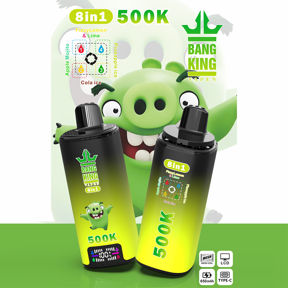 The Bang King 500K: 8-in-1 Flavors Vape Rechargeable LCD Display Disposable E-Cigarette is designed for users seeking a high-capacity, versatile, and innovative vaping experience with multiple flavor options in one premium device. Featuring an advanced 8-in-1 Multi-Flavor System, LCD display, 4 × 1.0Ω Mesh Coil technology, 650mAh rechargeable battery, and Type-C fast charging, this rechargeable disposable vape delivers rich flavor, smooth airflow, and consistent vapor production throughout its lifespan.
