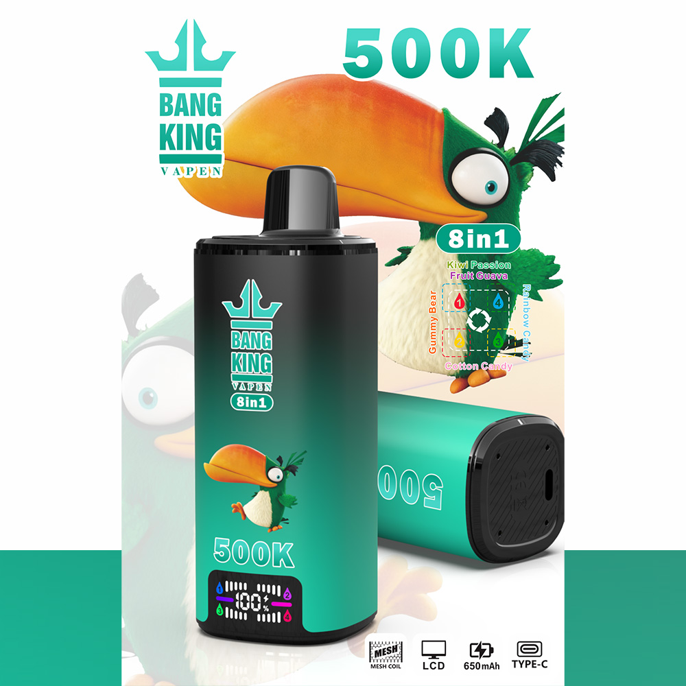 The Bang King 500K: 8-in-1 Flavors Vape Rechargeable LCD Display Disposable E-Cigarette is designed for users seeking a high-capacity, versatile, and innovative vaping experience with multiple flavor options in one premium device. Featuring an advanced 8-in-1 Multi-Flavor System, LCD display, 4 × 1.0Ω Mesh Coil technology, 650mAh rechargeable battery, and Type-C fast charging, this rechargeable disposable vape delivers rich flavor, smooth airflow, and consistent vapor production throughout its lifespan.