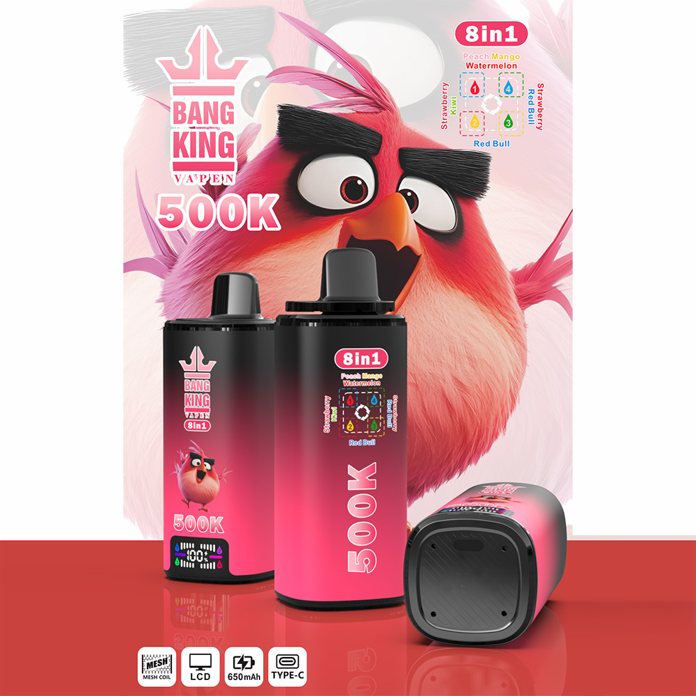 The Bang King 500K: 8-in-1 Flavors Vape Rechargeable LCD Display Disposable E-Cigarette is designed for users seeking a high-capacity, versatile, and innovative vaping experience with multiple flavor options in one premium device. Featuring an advanced 8-in-1 Multi-Flavor System, LCD display, 4 × 1.0Ω Mesh Coil technology, 650mAh rechargeable battery, and Type-C fast charging, this rechargeable disposable vape delivers rich flavor, smooth airflow, and consistent vapor production throughout its lifespan.
