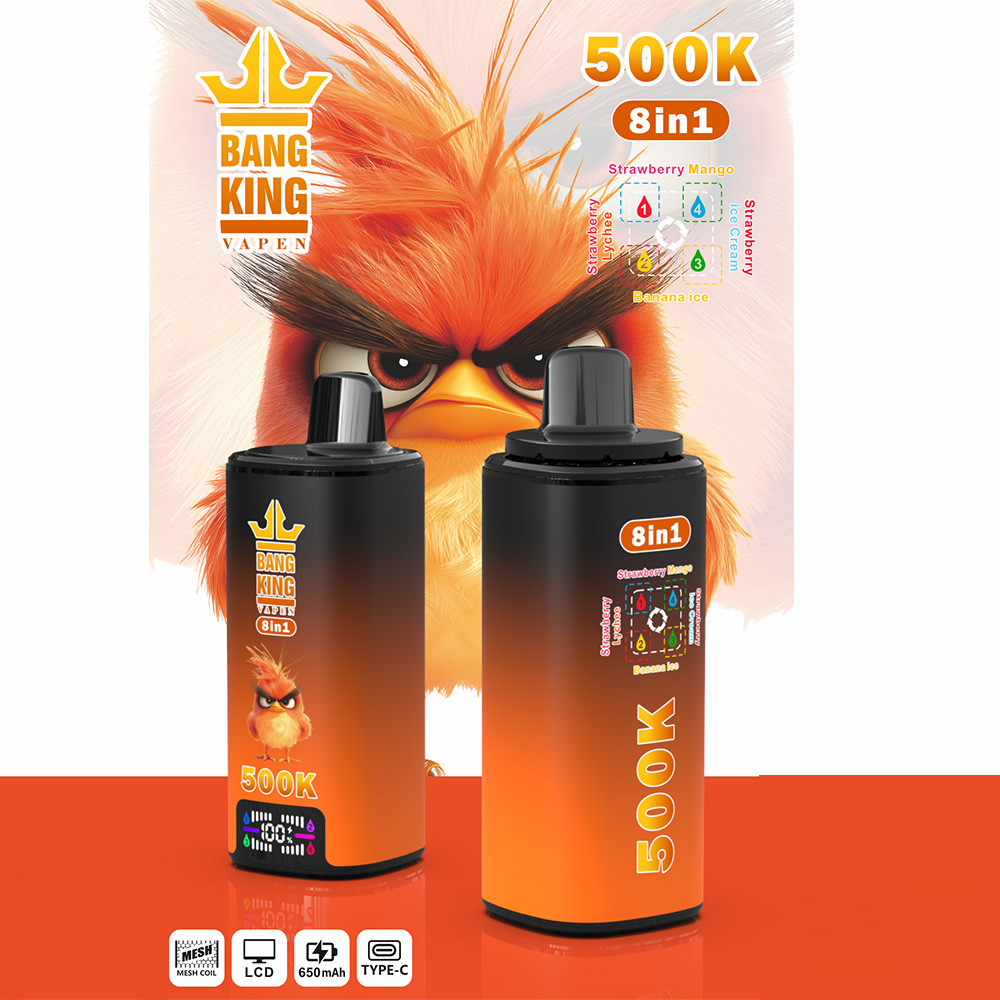 The Bang King 500K: 8-in-1 Flavors Vape Rechargeable LCD Display Disposable E-Cigarette is designed for users seeking a high-capacity, versatile, and innovative vaping experience with multiple flavor options in one premium device. Featuring an advanced 8-in-1 Multi-Flavor System, LCD display, 4 × 1.0Ω Mesh Coil technology, 650mAh rechargeable battery, and Type-C fast charging, this rechargeable disposable vape delivers rich flavor, smooth airflow, and consistent vapor production throughout its lifespan.v