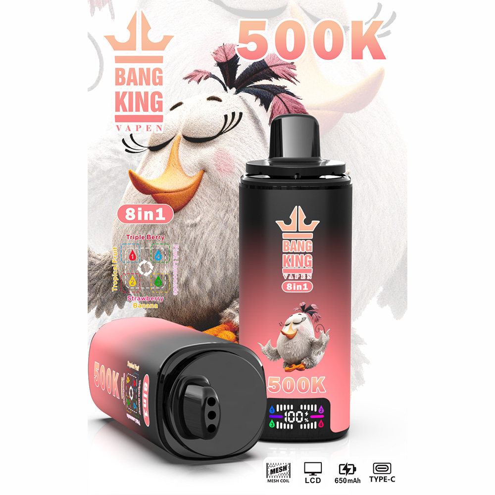The Bang King 500K: 8-in-1 Flavors Vape Rechargeable LCD Display Disposable E-Cigarette is designed for users seeking a high-capacity, versatile, and innovative vaping experience with multiple flavor options in one premium device. Featuring an advanced 8-in-1 Multi-Flavor System, LCD display, 4 × 1.0Ω Mesh Coil technology, 650mAh rechargeable battery, and Type-C fast charging, this rechargeable disposable vape delivers rich flavor, smooth airflow, and consistent vapor production throughout its lifespan.
