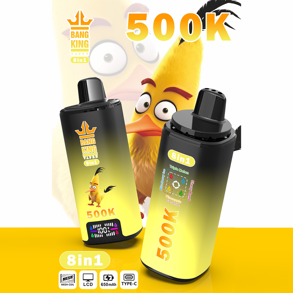 The Bang King 500K: 8-in-1 Flavors Vape Rechargeable LCD Display Disposable E-Cigarette is designed for users seeking a high-capacity, versatile, and innovative vaping experience with multiple flavor options in one premium device. Featuring an advanced 8-in-1 Multi-Flavor System, LCD display, 4 × 1.0Ω Mesh Coil technology, 650mAh rechargeable battery, and Type-C fast charging, this rechargeable disposable vape delivers rich flavor, smooth airflow, and consistent vapor production throughout its lifespan.