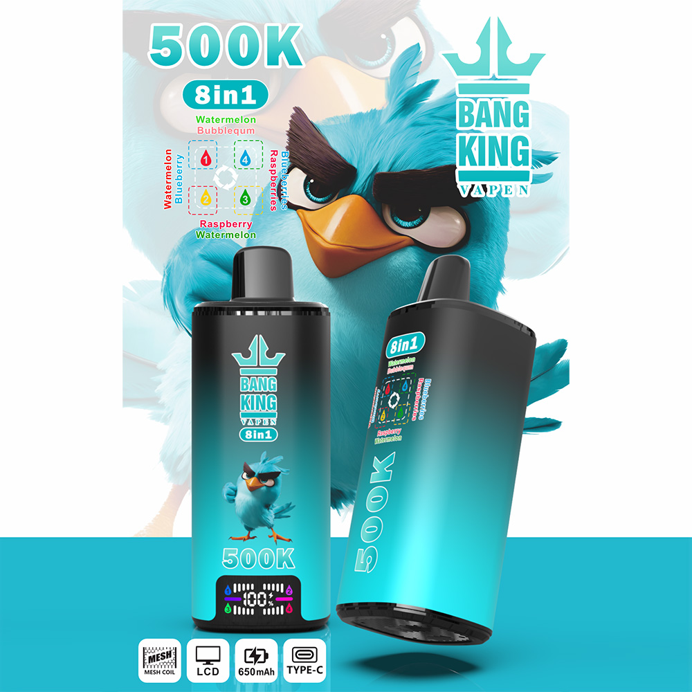 The Bang King 500K: 8-in-1 Flavors Vape Rechargeable LCD Display Disposable E-Cigarette is designed for users seeking a high-capacity, versatile, and innovative vaping experience with multiple flavor options in one premium device. Featuring an advanced 8-in-1 Multi-Flavor System, LCD display, 4 × 1.0Ω Mesh Coil technology, 650mAh rechargeable battery, and Type-C fast charging, this rechargeable disposable vape delivers rich flavor, smooth airflow, and consistent vapor production throughout its lifespan.
