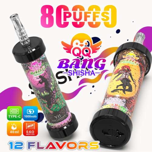 QQ Bang Shisha 80K is a premium 60000 Puffs rechargeable disposable vape featuring 40mL e-liquid, 1000mAh battery, 0.6Ω Mesh Coil, LCD display, and leather design for rich flavor, smooth vapor, and long-lasting performance.