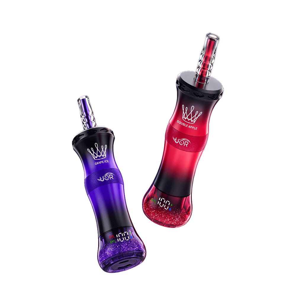 Two colorful hookah bottles, one purple labeled "Grape Ice" and one red labeled "Double Apple," with sleek designs and clear bases