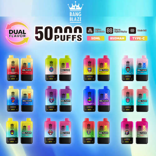 A vibrant display of various flavored vape devices, labeled with "BANG BLAZE," featuring unique color designs and specifications like "50,000 PUFFS