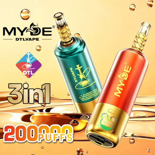 Two colorful vape devices are featured, one green and one orange, with labels indicating flavors and a "3in1" and "200,000 PUFFS" text