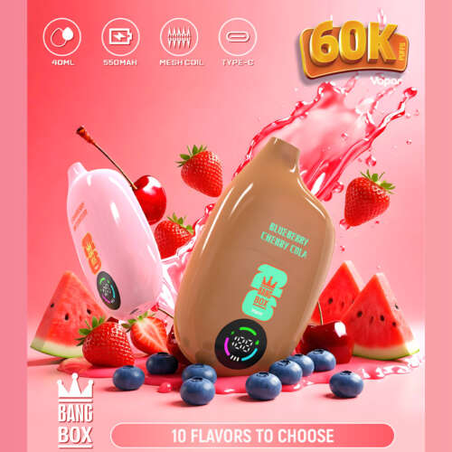 The Bang Box 60000 60K Puffs Original Rechargeable LED Display Disposable Vape features 40mL e-liquid capacity, Mesh Coil Technology, a 550mAh rechargeable battery, Smart LED Display and Type-C fast charging, delivering long-lasting performance, rich flavor, smooth airflow, and convenient rechargeable use in a high-capacity 60K Puffs vape.