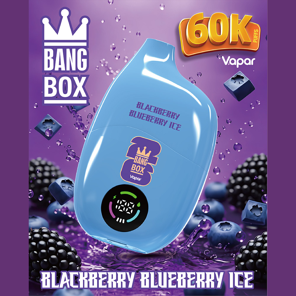 The Bang Box 60000 60K Puffs Original Rechargeable LED Display Disposable Vape features 40mL e-liquid capacity, Mesh Coil Technology, a 550mAh rechargeable battery, Smart LED Display and Type-C fast charging, delivering long-lasting performance, rich flavor, smooth airflow, and convenient rechargeable use in a high-capacity 60K Puffs vape.