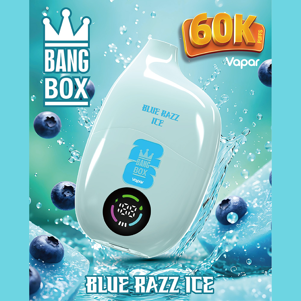 The Bang Box 60000 60K Puffs Original Rechargeable LED Display Disposable Vape features 40mL e-liquid capacity, Mesh Coil Technology, a 550mAh rechargeable battery, Smart LED Display and Type-C fast charging, delivering long-lasting performance, rich flavor, smooth airflow, and convenient rechargeable use in a high-capacity 60K Puffs vape.