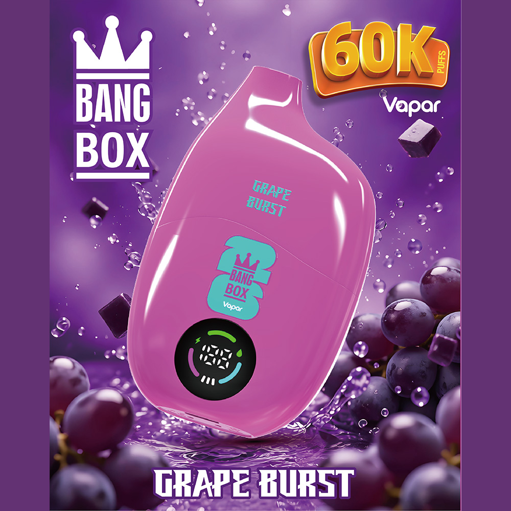 The Bang Box 60000 60K Puffs Original Rechargeable LED Display Disposable Vape features 40mL e-liquid capacity, Mesh Coil Technology, a 550mAh rechargeable battery, Smart LED Display and Type-C fast charging, delivering long-lasting performance, rich flavor, smooth airflow, and convenient rechargeable use in a high-capacity 60K Puffs vape.