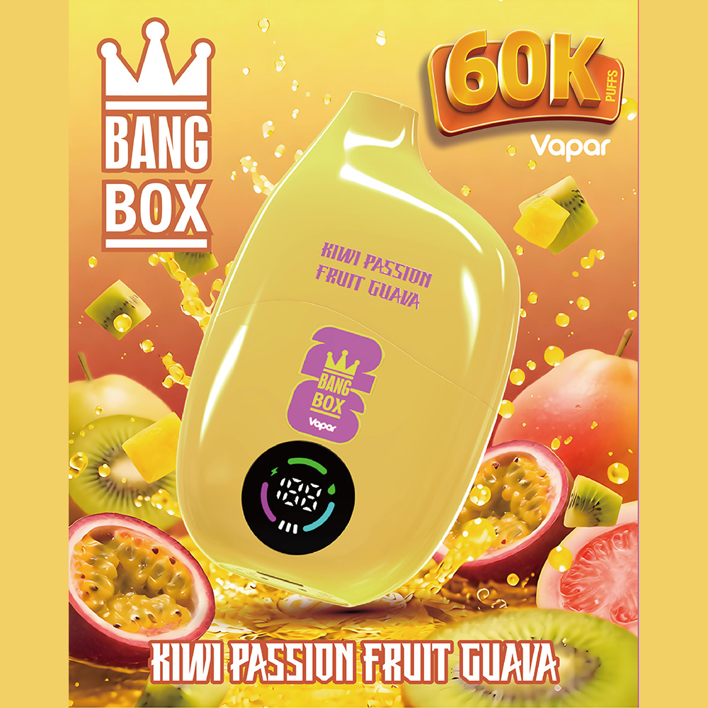 The Bang Box 60000 60K Puffs Original Rechargeable LED Display Disposable Vape features 40mL e-liquid capacity, Mesh Coil Technology, a 550mAh rechargeable battery, Smart LED Display and Type-C fast charging, delivering long-lasting performance, rich flavor, smooth airflow, and convenient rechargeable use in a high-capacity 60K Puffs vape.