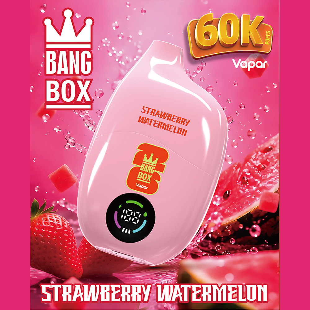 The Bang Box 60000 60K Puffs Original Rechargeable LED Display Disposable Vape features 40mL e-liquid capacity, Mesh Coil Technology, a 550mAh rechargeable battery, Smart LED Display and Type-C fast charging, delivering long-lasting performance, rich flavor, smooth airflow, and convenient rechargeable use in a high-capacity 60K Puffs vape.