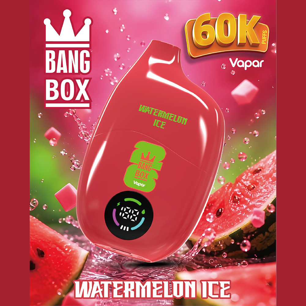The Bang Box 60000 60K Puffs Original Rechargeable LED Display Disposable Vape features 40mL e-liquid capacity, Mesh Coil Technology, a 550mAh rechargeable battery, Smart LED Display and Type-C fast charging, delivering long-lasting performance, rich flavor, smooth airflow, and convenient rechargeable use in a high-capacity 60K Puffs vape.
