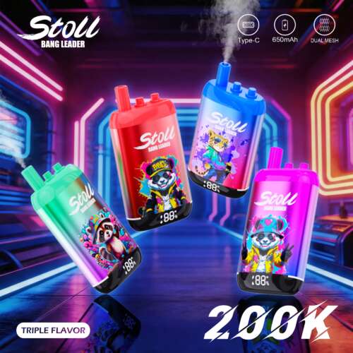 Bang Leader Stoll 200K Triple Flavor Vape features 3 tanks, Dual Mesh Coil, LED Screen, 650mAh rechargeable battery, and Type-C charging for long-lasting, smooth performance.